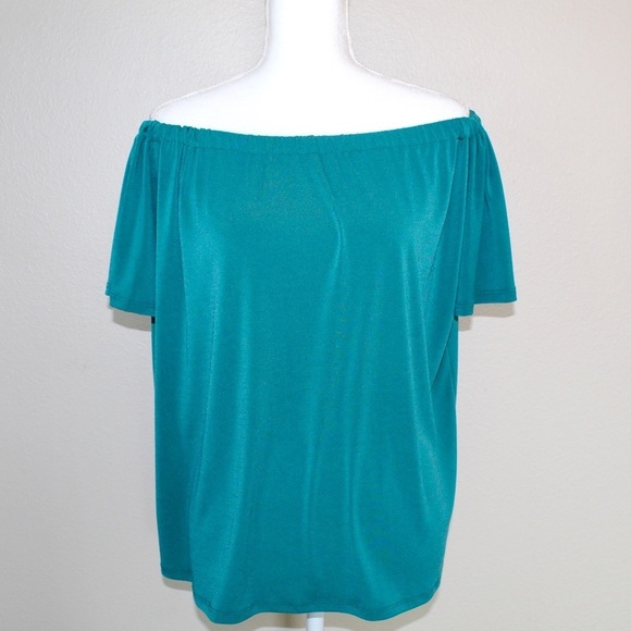Halogen Womans Off Shoulder Ruffle Green Short Sleeve Top - Size Medium - Picture 1 of 6